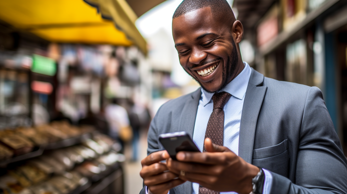 consumer smiling while looking at business website